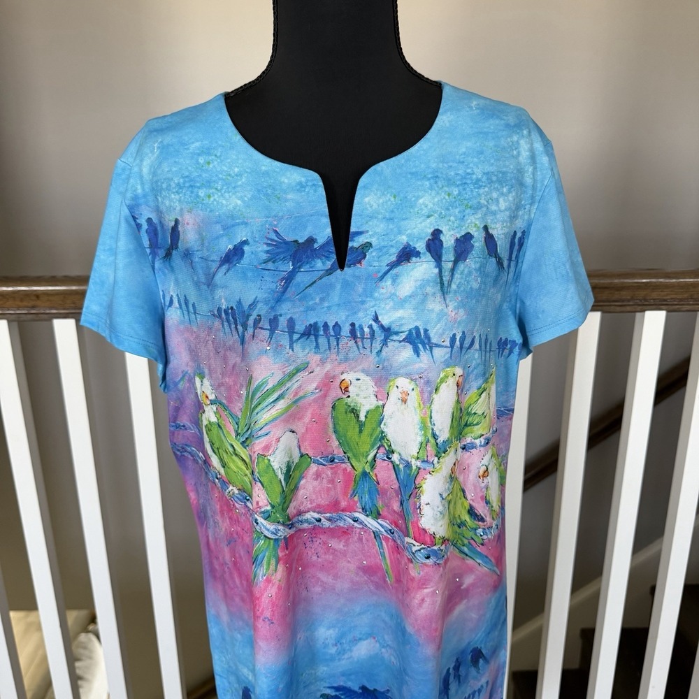 Leoma Lovegrove Dress Large Pullover Tropical Birds Parakeet Resort Artsy Travel - Picture 3 of 11